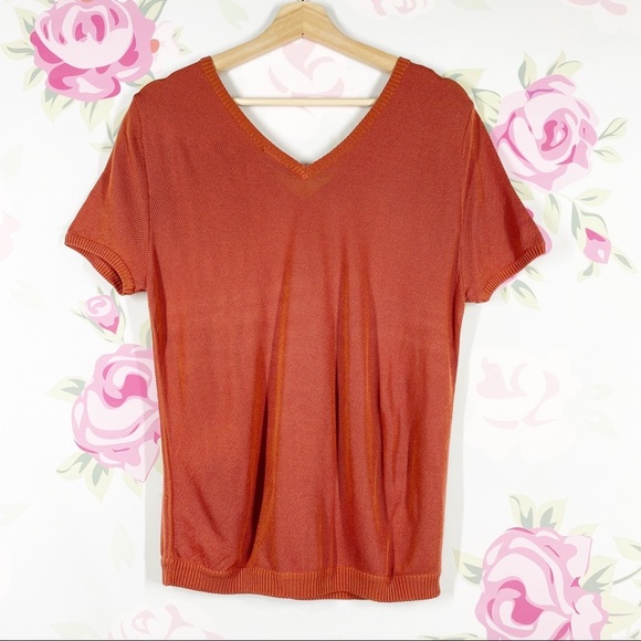 Akris Blouse 12 Salmon Orange Silk Blend Short Sleeves V Neck - Picture 4 of 8